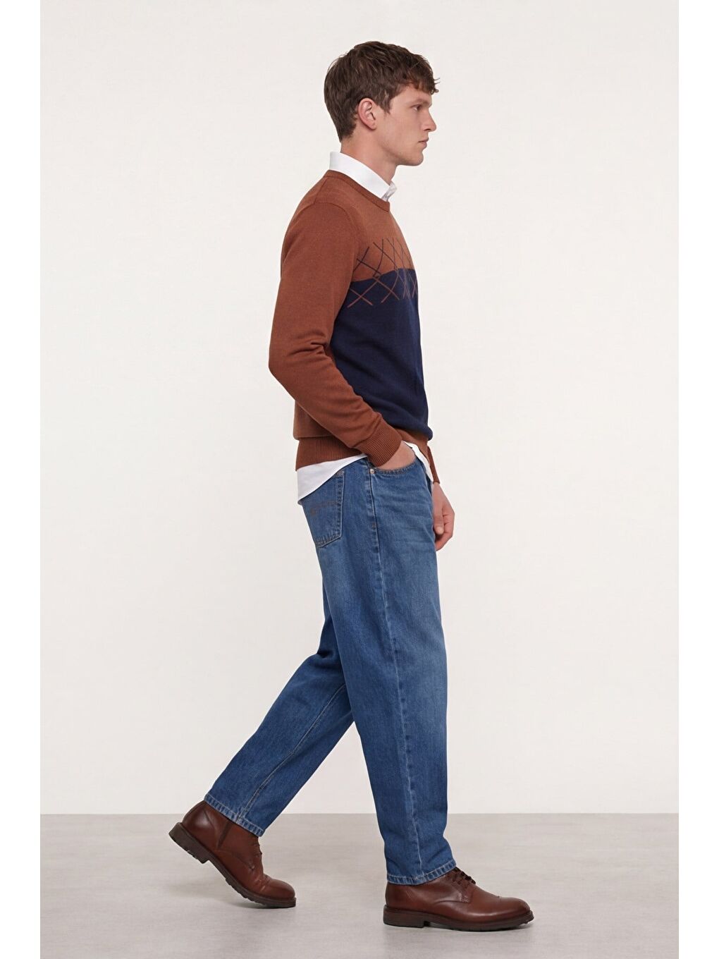 Kahverengi Erkek Kiremit-Siyah Normal Kesim Regular Fit Yünlü Dokuma Desenli Triko Kazak-2