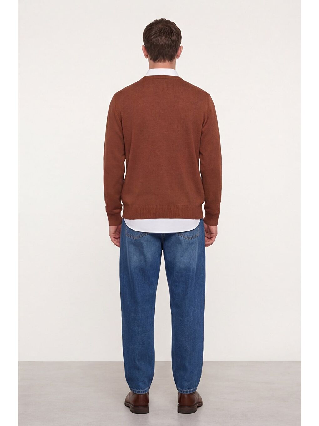 Kahverengi Erkek Kiremit-Siyah Normal Kesim Regular Fit Yünlü Dokuma Desenli Triko Kazak-3