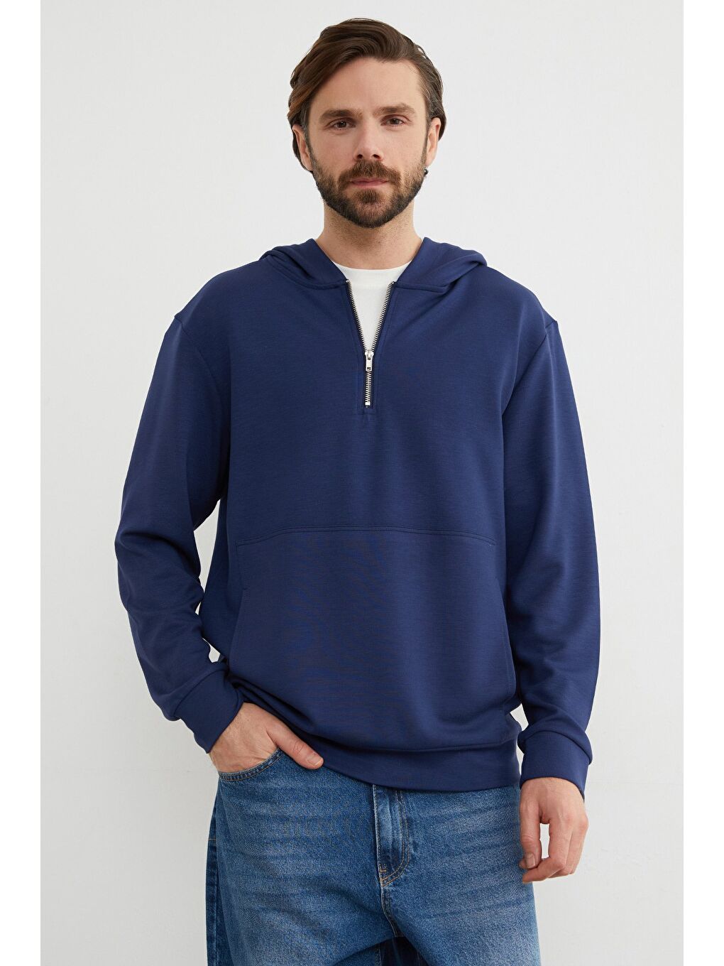 İndigo Yarım Fermuarlı Kapüşonlu Modal Sweatshirt