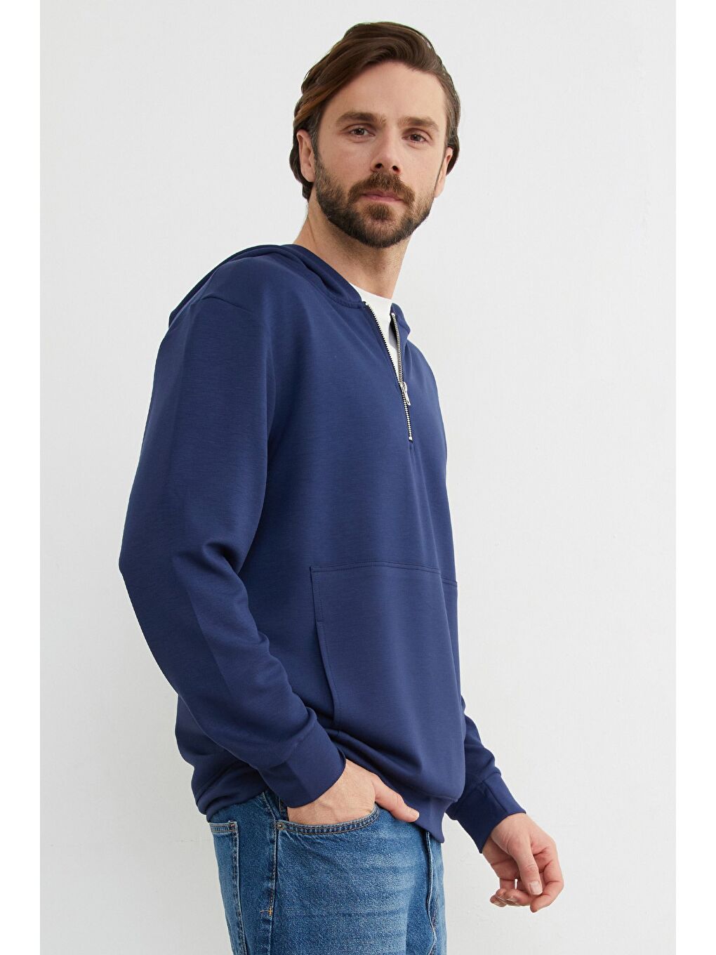 İndigo Yarım Fermuarlı Kapüşonlu Modal Sweatshirt-1