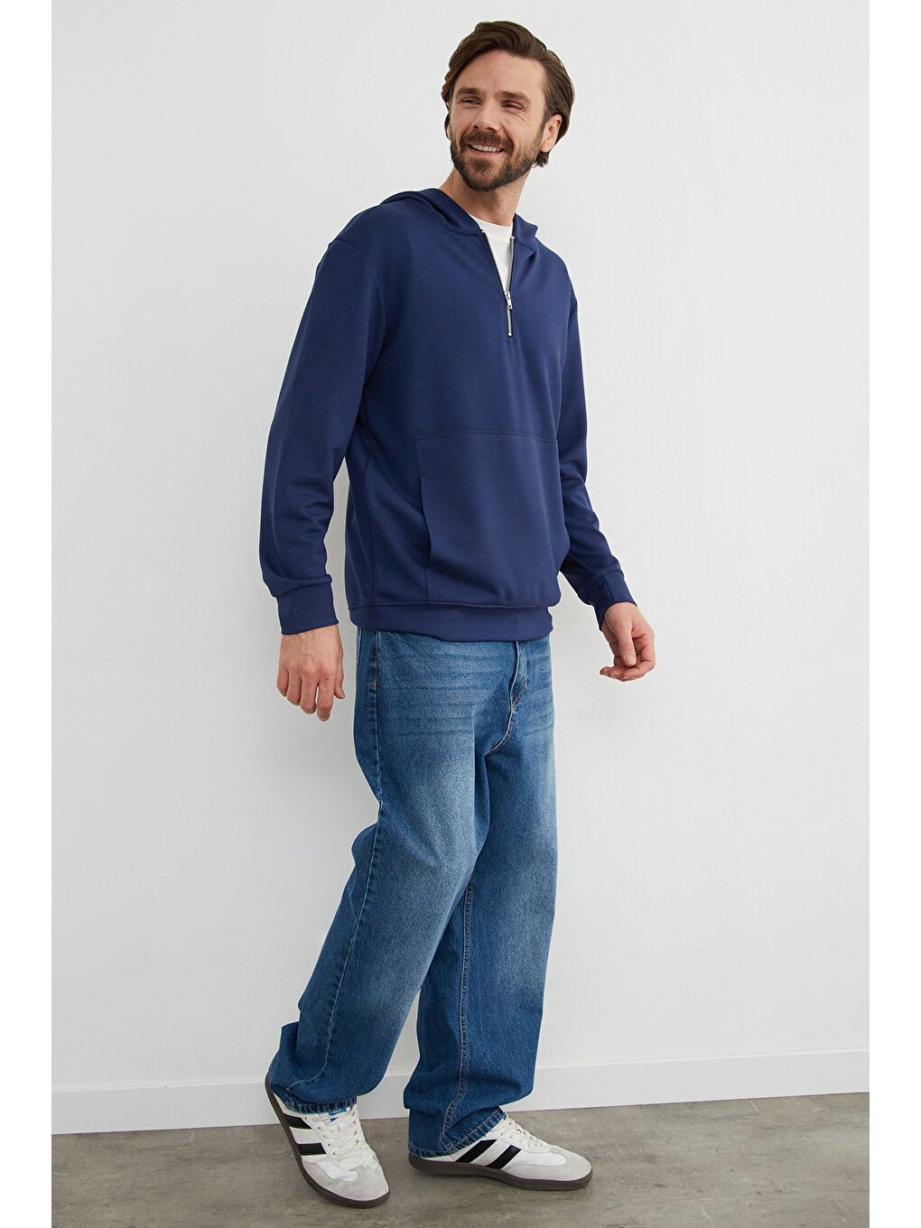 İndigo Yarım Fermuarlı Kapüşonlu Modal Sweatshirt-2