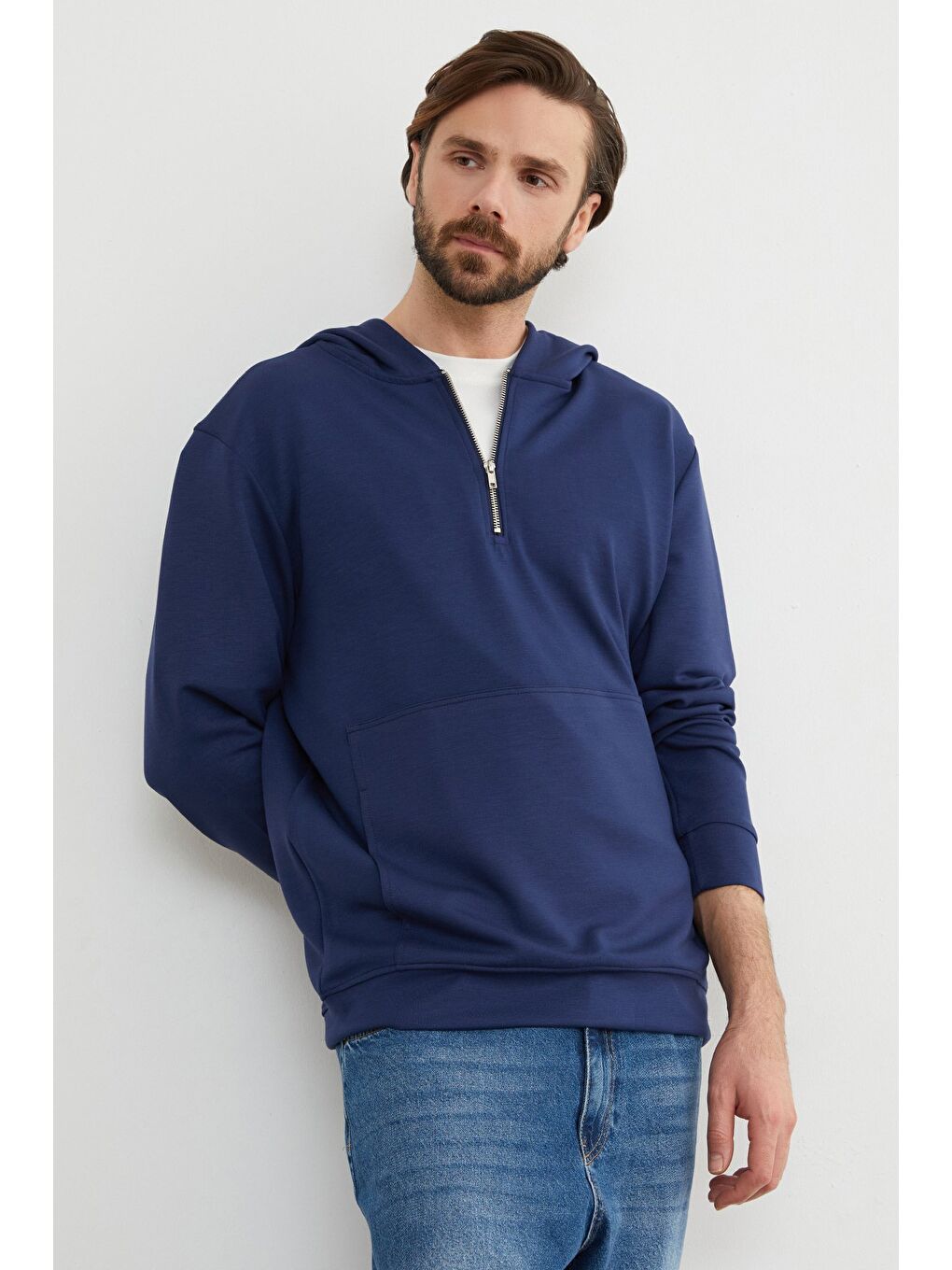 İndigo Yarım Fermuarlı Kapüşonlu Modal Sweatshirt-3