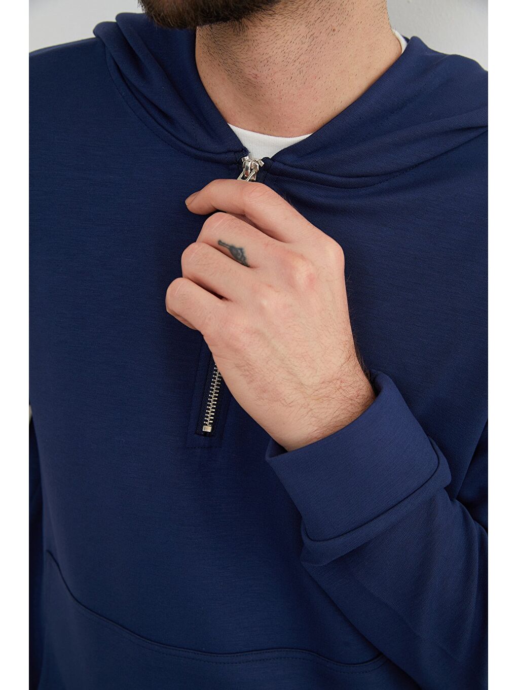 İndigo Yarım Fermuarlı Kapüşonlu Modal Sweatshirt-4