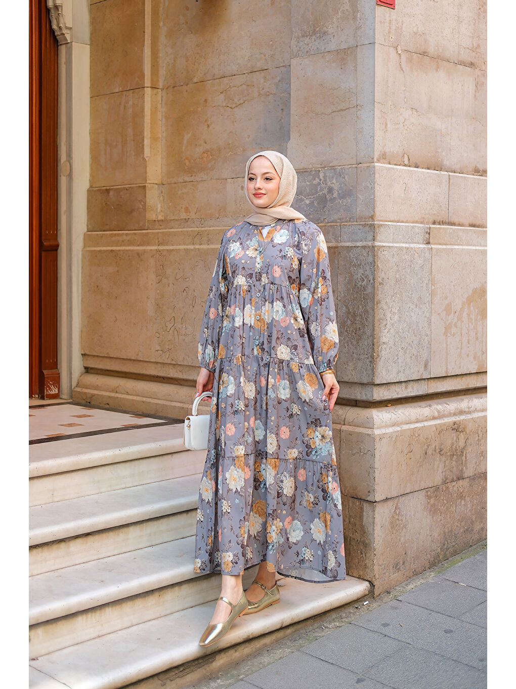 Kadın Rose Desenli Elbise Gri