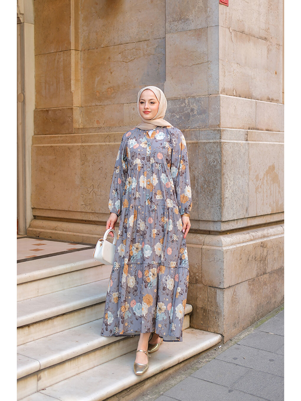 Kadın Rose Desenli Elbise Gri-1