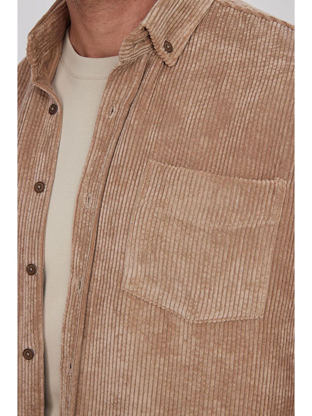 Kahverengi Erkek Regular Fit Rahat Kesim Fitilli Kadife Görünüm Düğmeli Yaka Açık Kahve Ceket Gömlek-2
