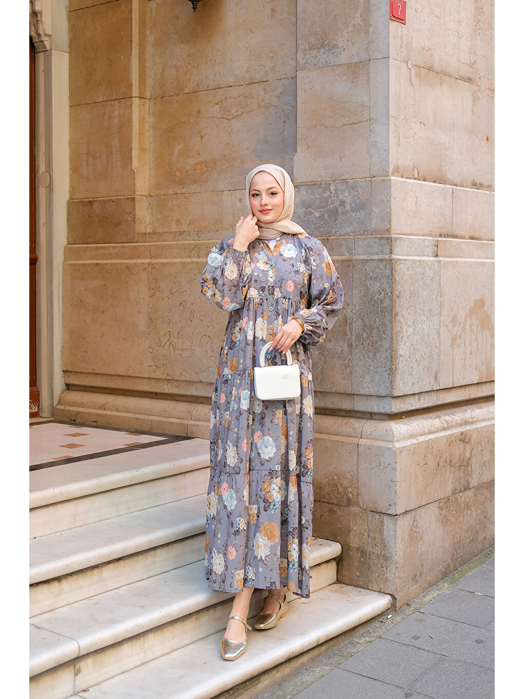 Kadın Rose Desenli Elbise Gri-2