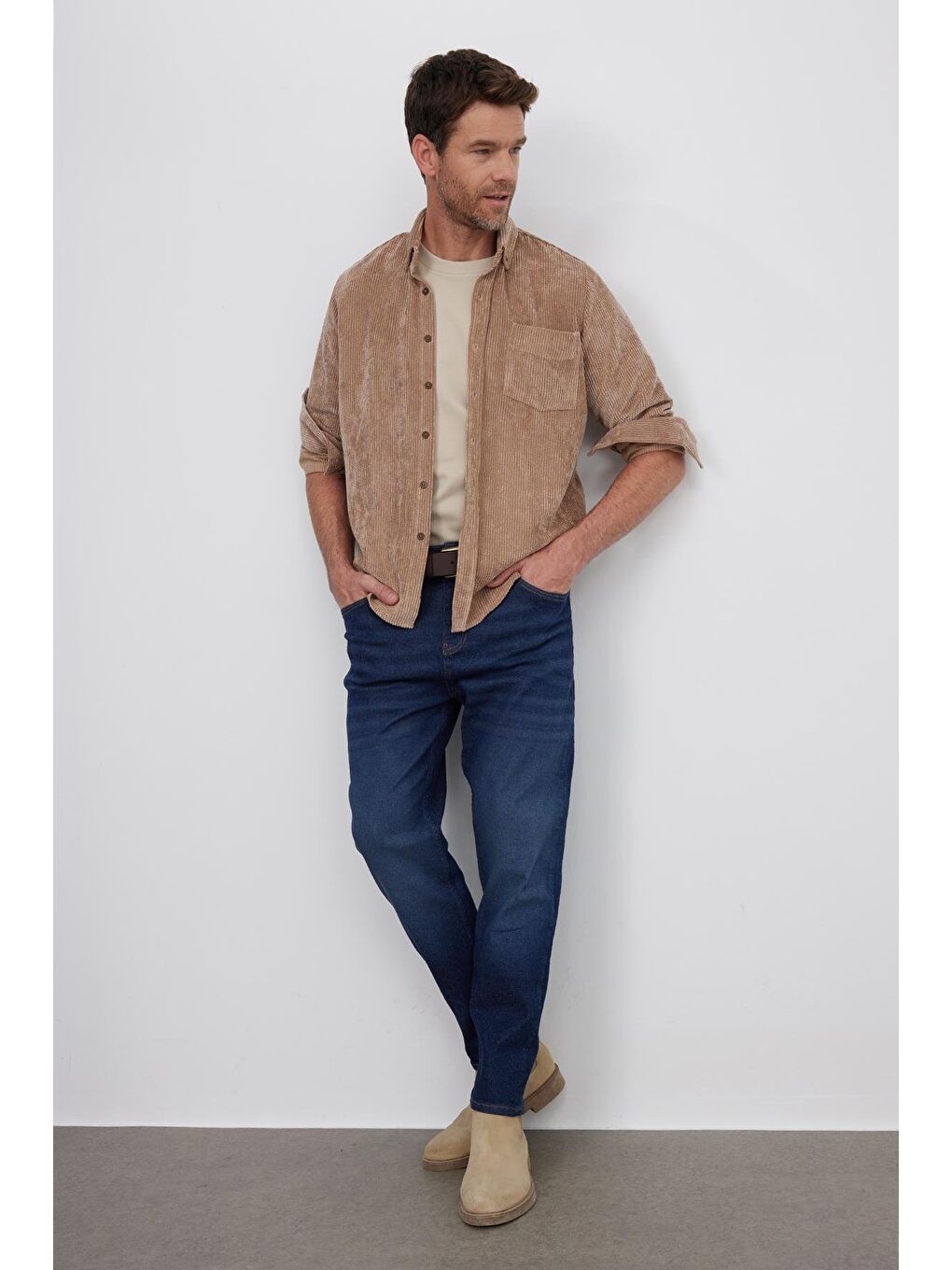Kahverengi Erkek Regular Fit Rahat Kesim Fitilli Kadife Görünüm Düğmeli Yaka Açık Kahve Ceket Gömlek-3
