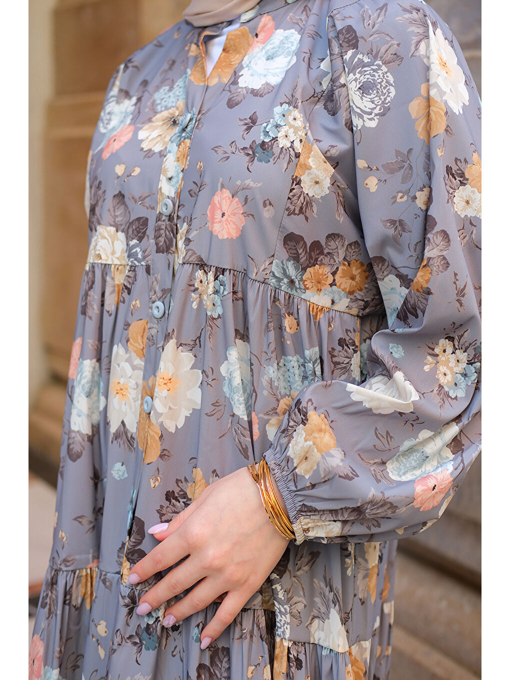 Kadın Rose Desenli Elbise Gri-3