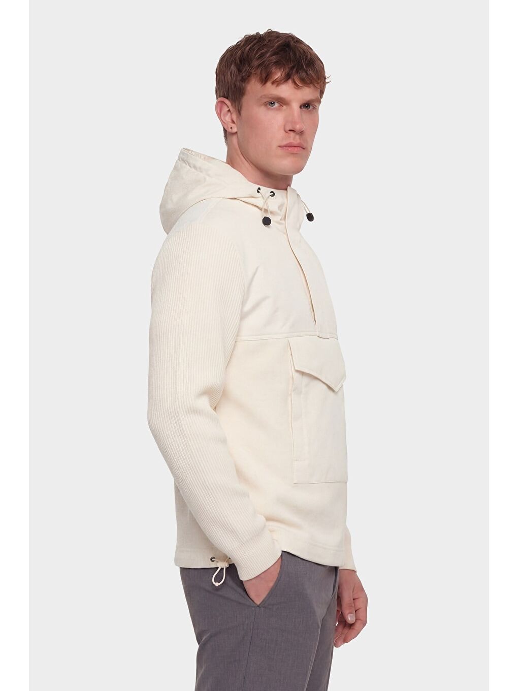 Giotelli Erkek Ekru Normal Kesim Regular Fit Fleto Kapaklı Cep Kapüşonlu Sweatshirt-2