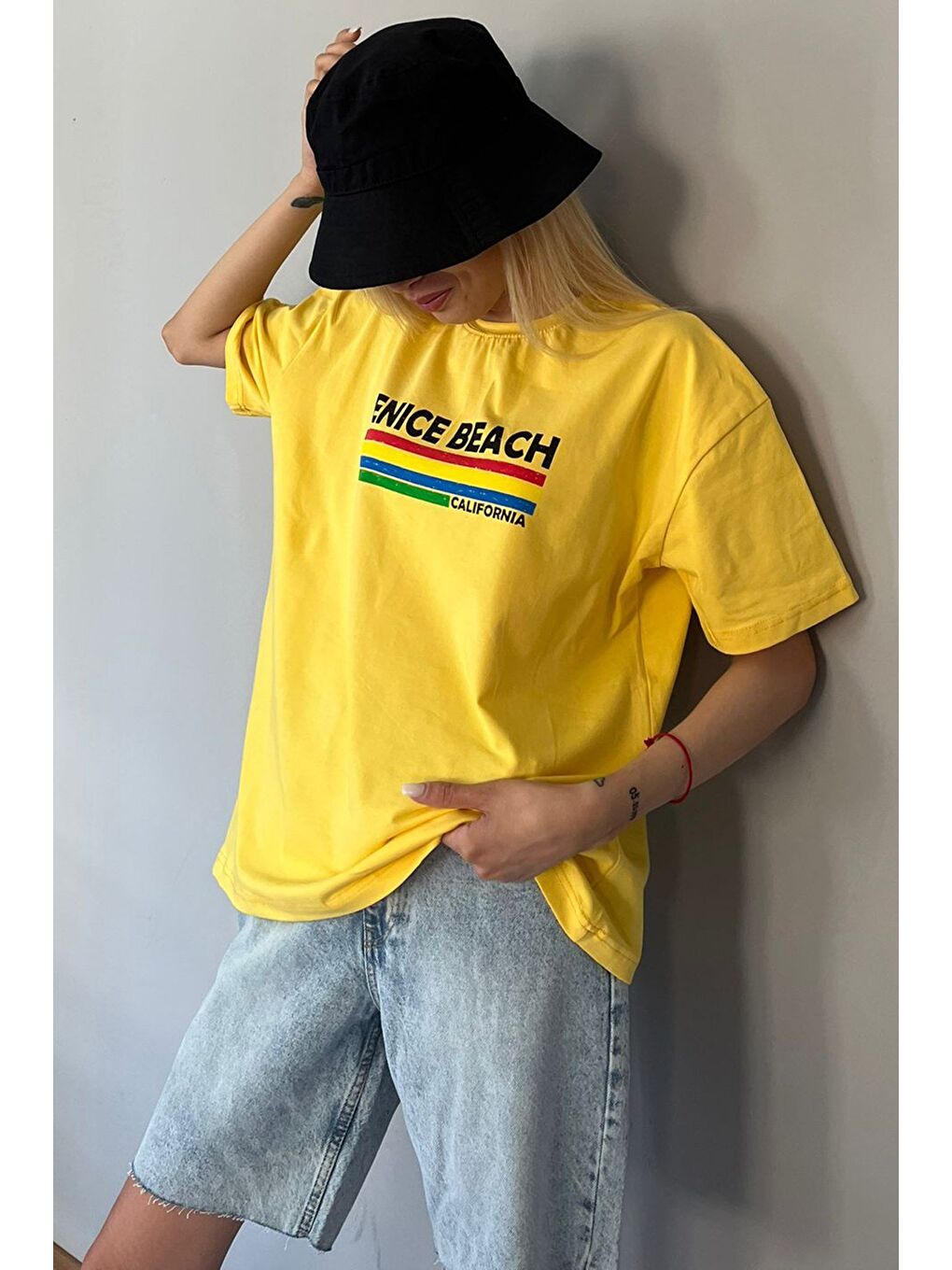 Sarı Baskılı Over Fit Tişört Mg1516-2