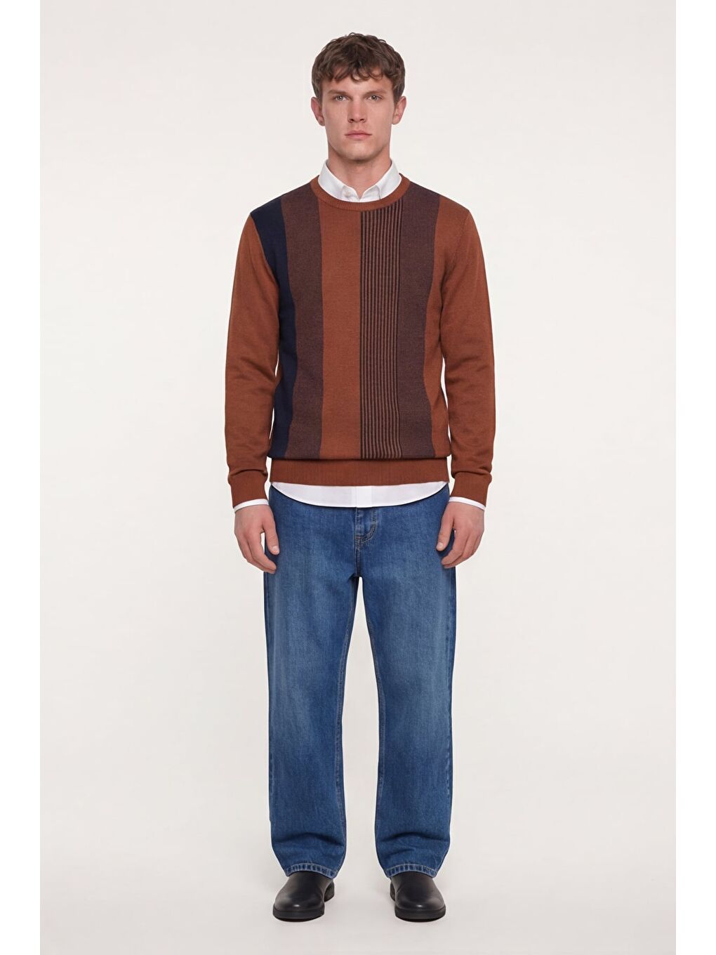 Kahverengi Erkek Kiremit Normal Kesim Regular Fit Yünlü Dokuma Bisiklet Yaka Triko Kazak-1