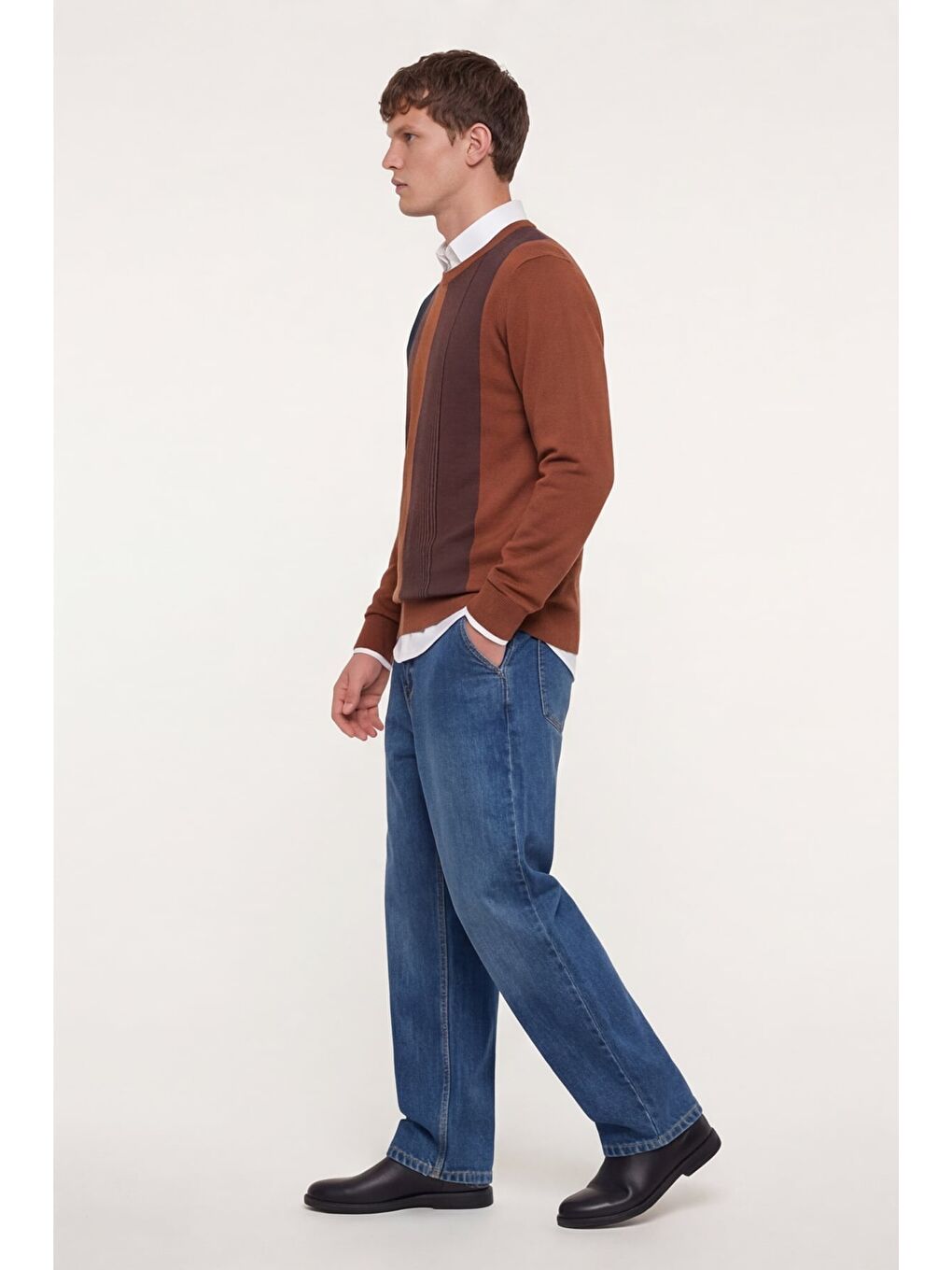 Kahverengi Erkek Kiremit Normal Kesim Regular Fit Yünlü Dokuma Bisiklet Yaka Triko Kazak-2