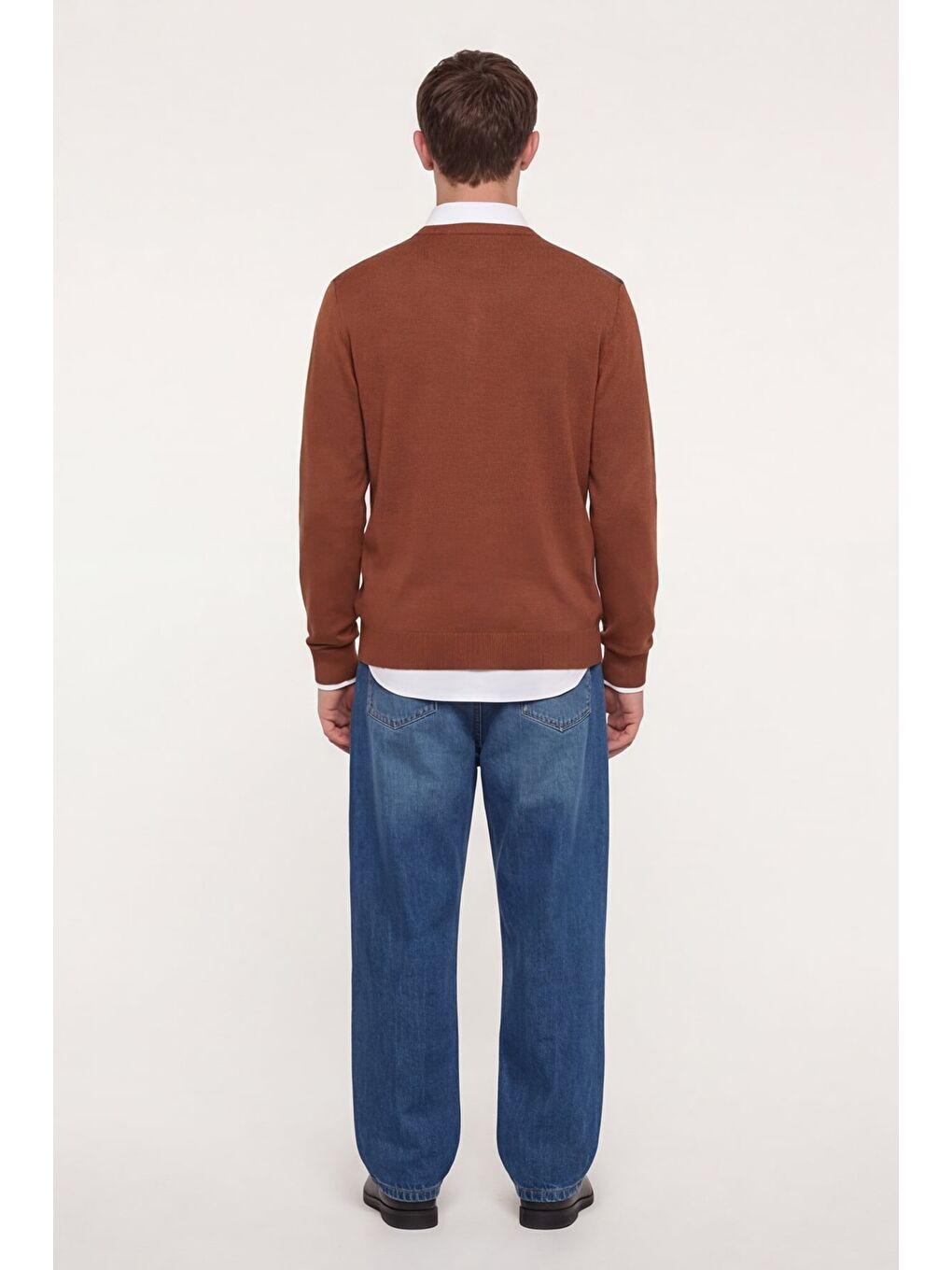 Kahverengi Erkek Kiremit Normal Kesim Regular Fit Yünlü Dokuma Bisiklet Yaka Triko Kazak-3