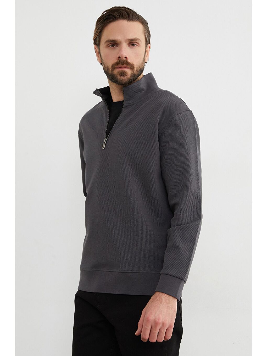 Gri Fitilli Yarım Fermuarlı Sweatshirt-1
