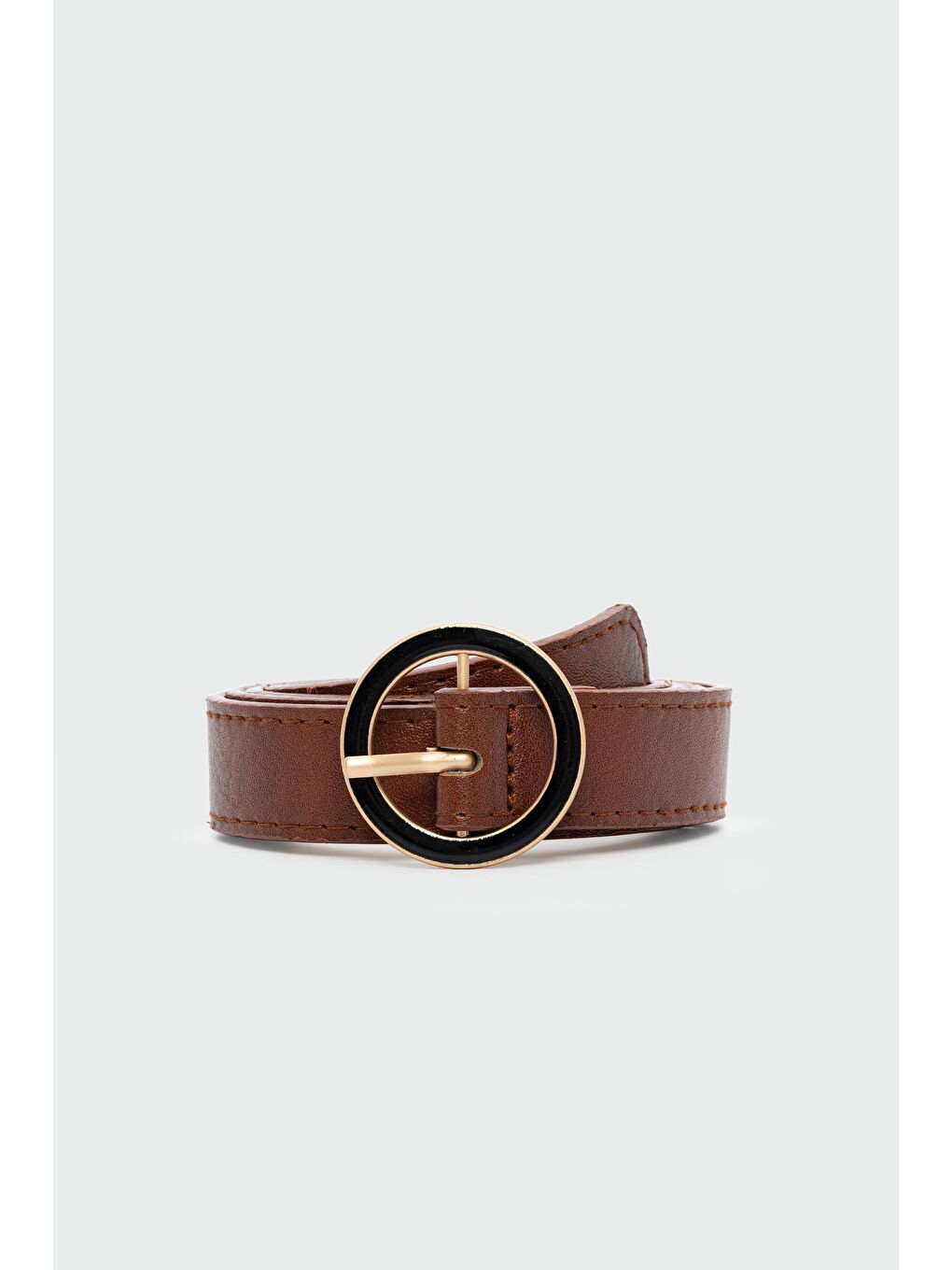 Kahverengi Yuvarlak Tokalı Suni Deri Kemer Kahve