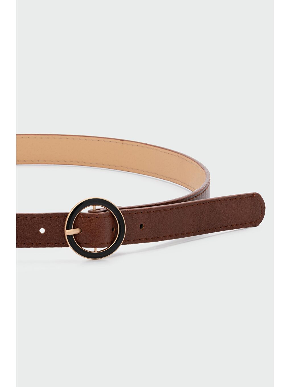 Kahverengi Yuvarlak Tokalı Suni Deri Kemer Kahve-1