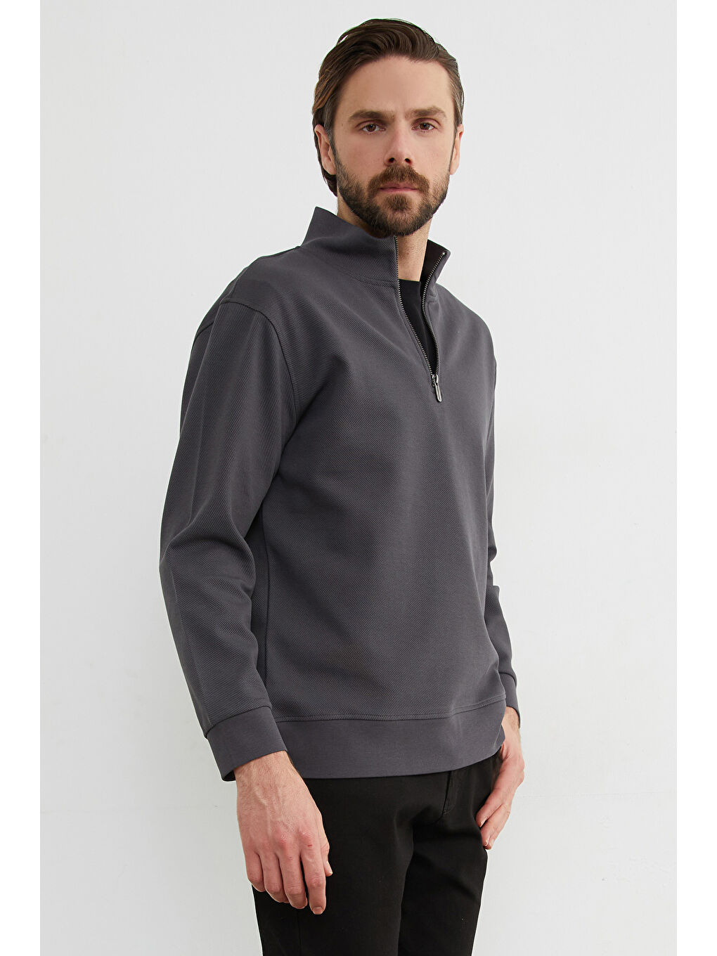 Gri Fitilli Yarım Fermuarlı Sweatshirt-2