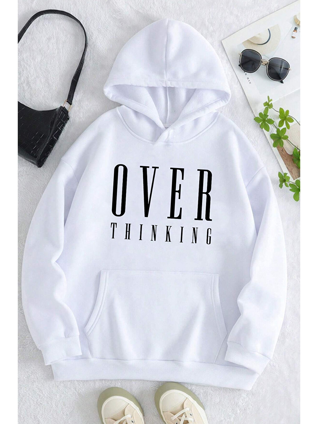 uyguntarz Beyaz Over Thinking Baskılı Unisex Oversize Sweatshirt