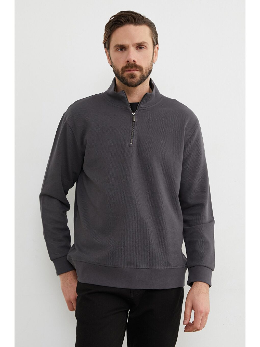 Gri Fitilli Yarım Fermuarlı Sweatshirt-3