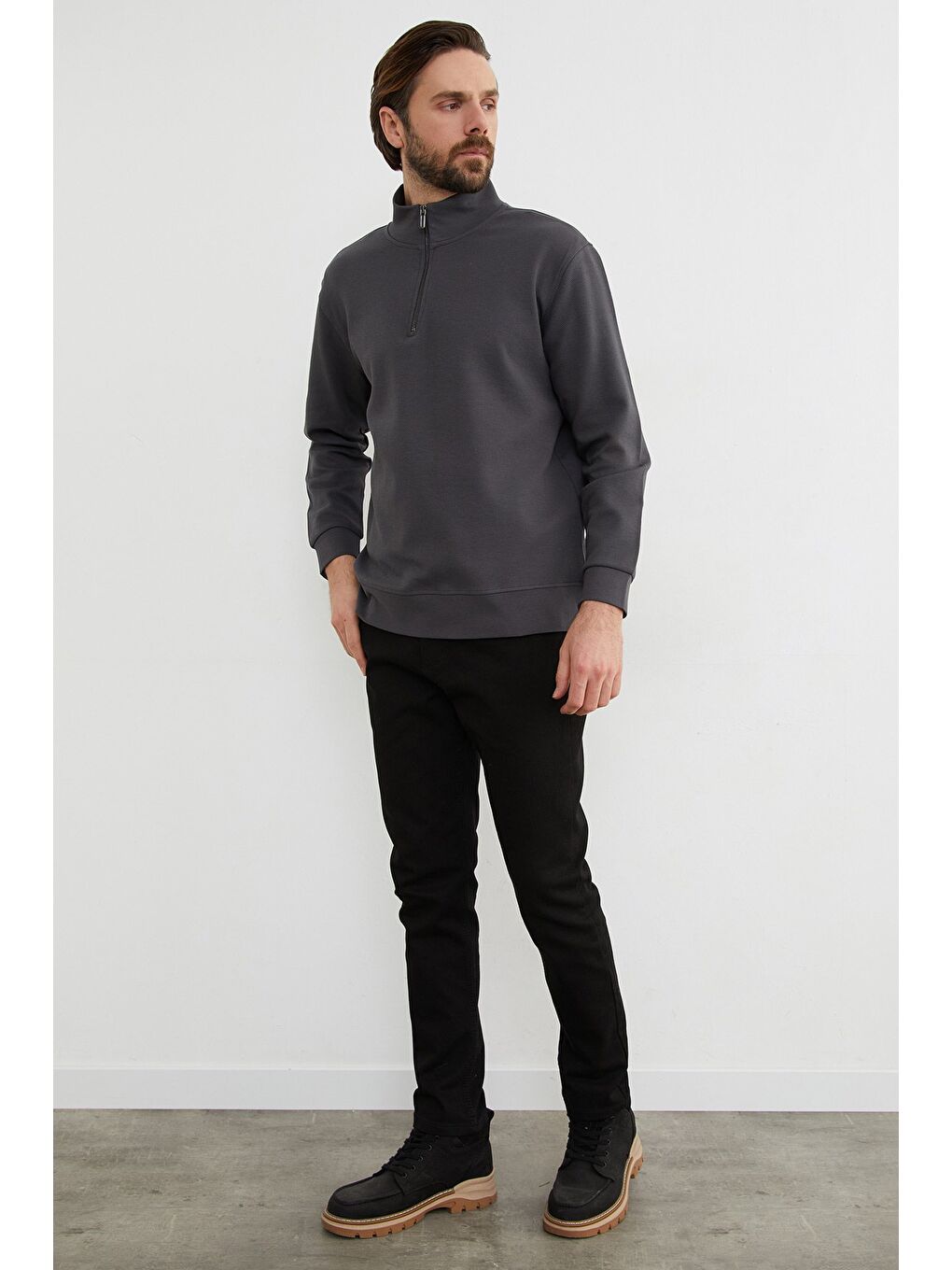 Gri Fitilli Yarım Fermuarlı Sweatshirt-4
