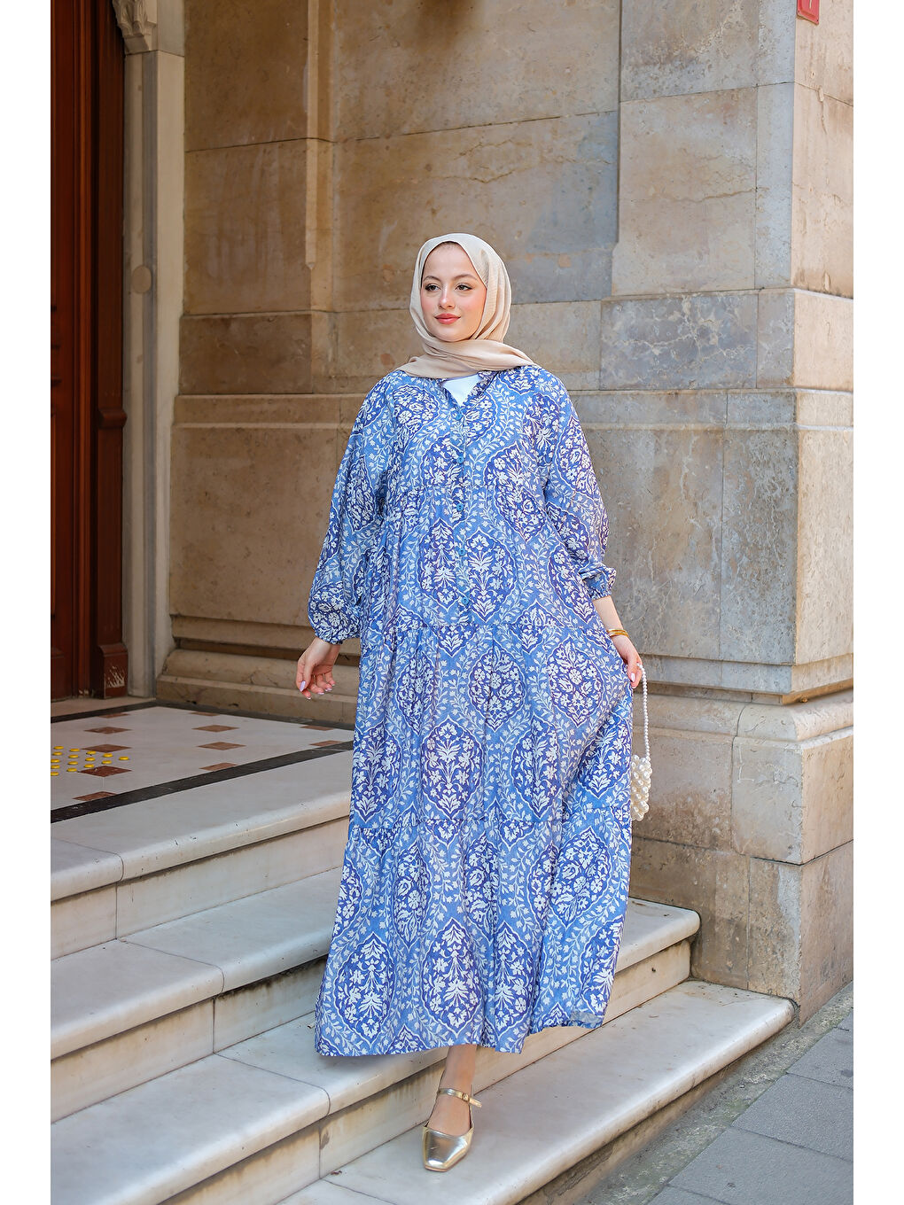 Kadın Buğlem Desenli Elbise Mavi