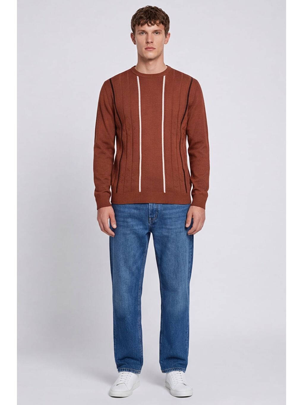 Kahverengi Erkek Kiremit Normal Kesim Regular Fit Yünlü Dokuma Çizgi Desen Bisiklet Yaka Triko Kazak-1