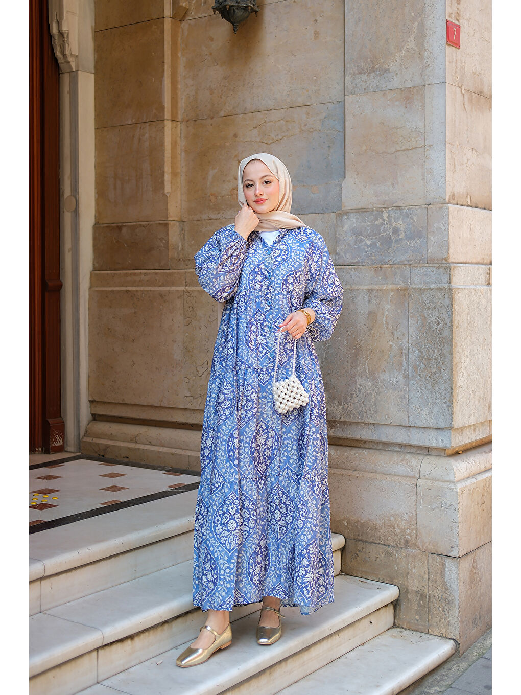 Kadın Buğlem Desenli Elbise Mavi-1