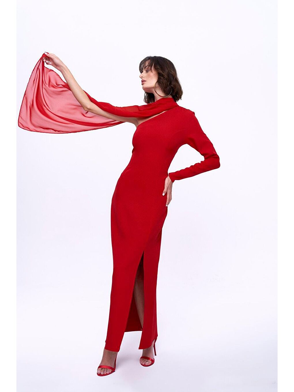 Tek Kol Yırtmaçlı Kırmızı Uzun Elbise-1