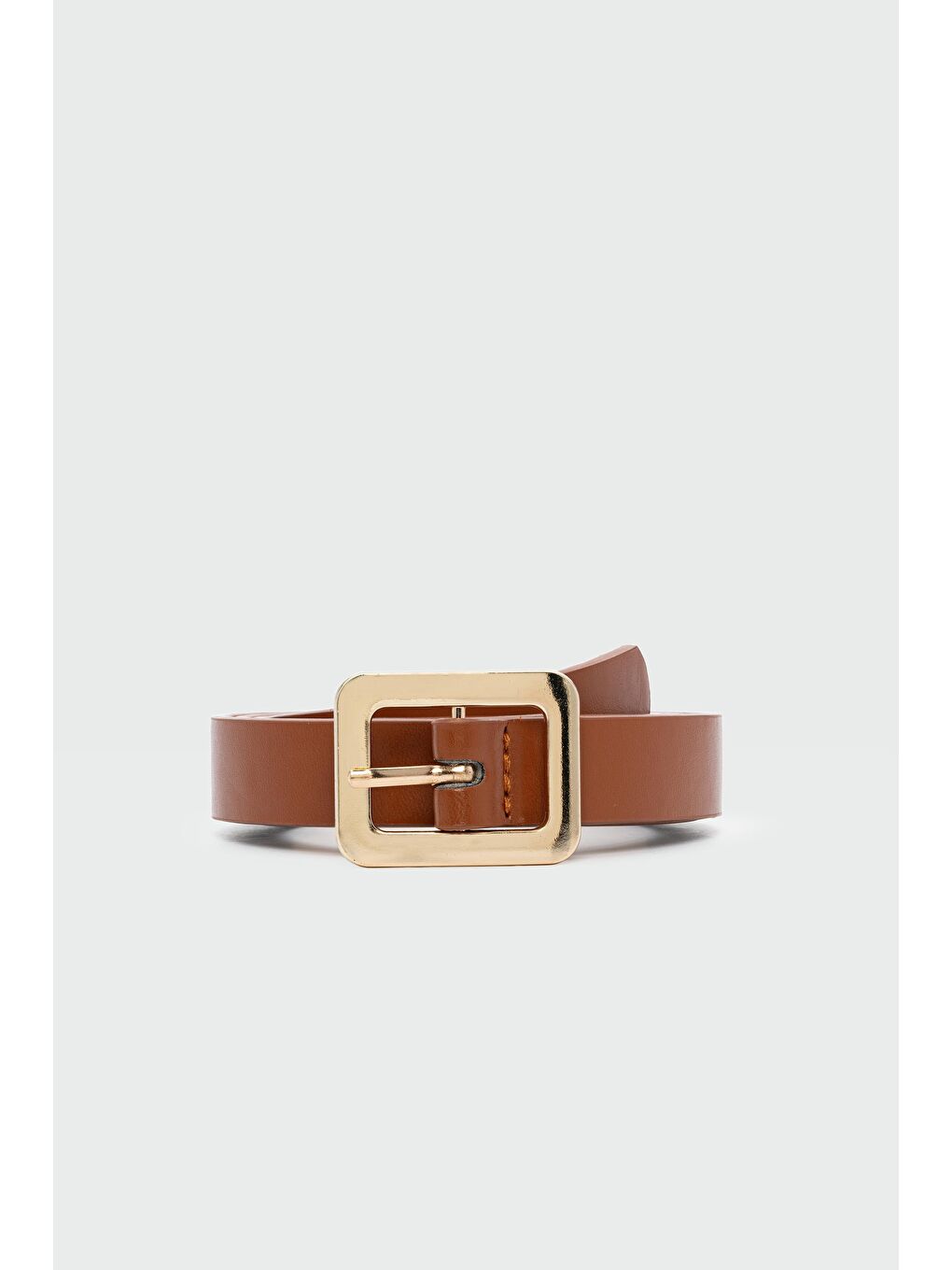 Kahverengi Dikdörtgen Tokalı İnce Suni Deri Kemer Taba