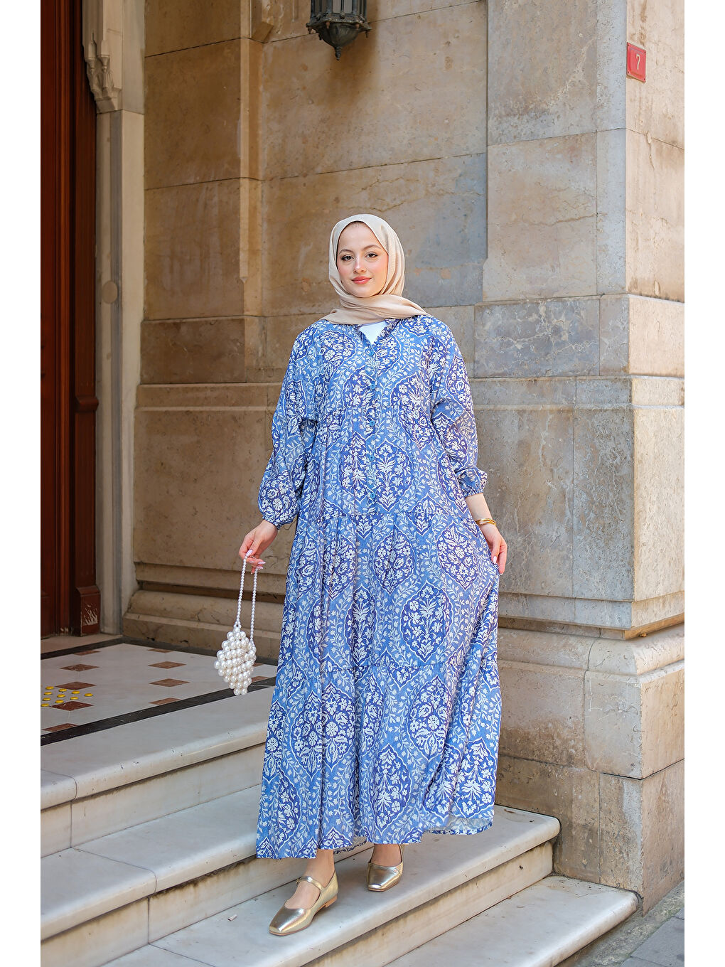 Kadın Buğlem Desenli Elbise Mavi-2