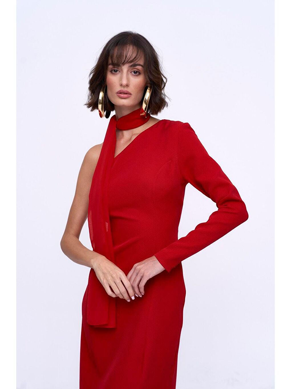 Tek Kol Yırtmaçlı Kırmızı Uzun Elbise-2