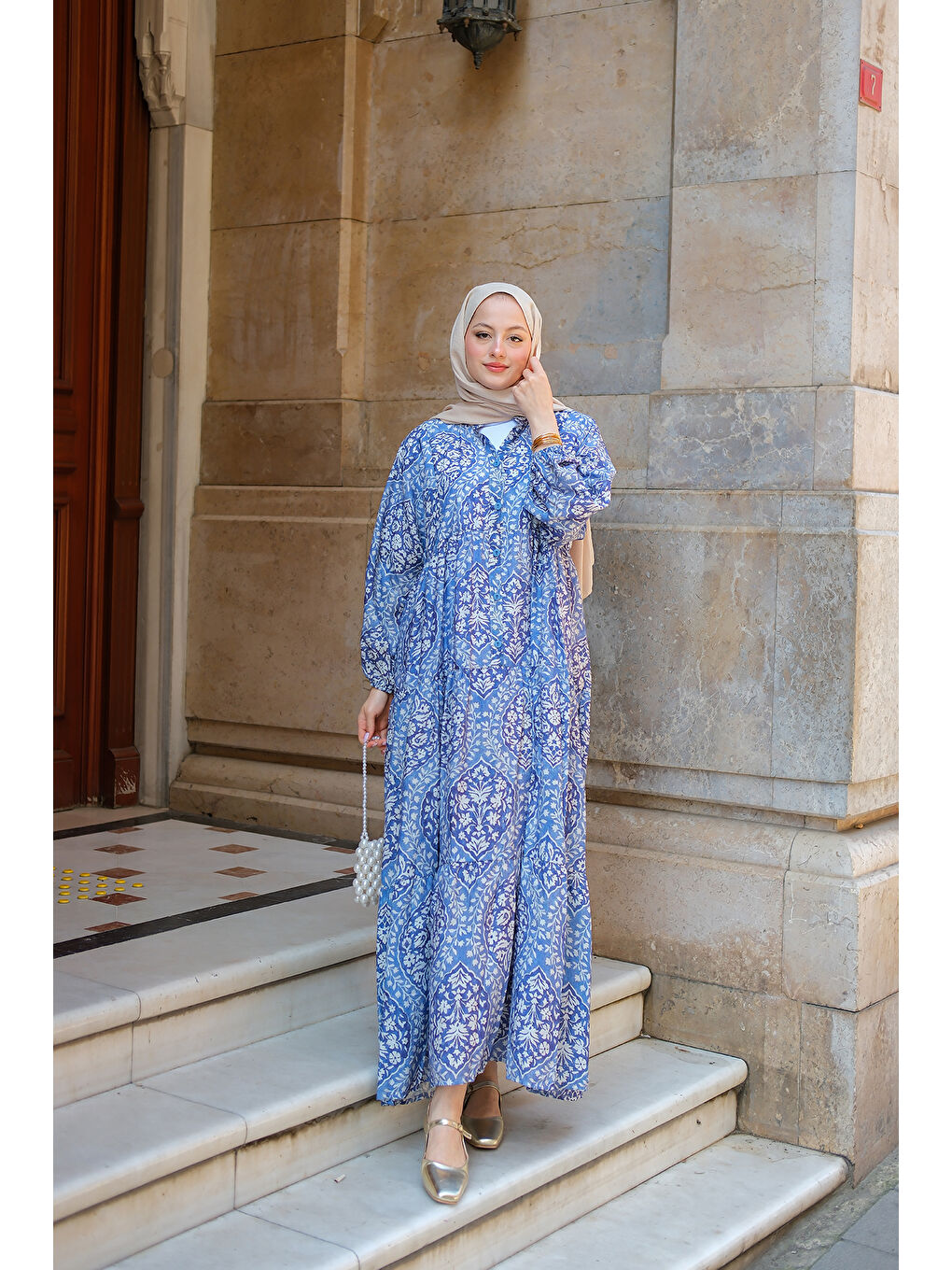 Kadın Buğlem Desenli Elbise Mavi-3