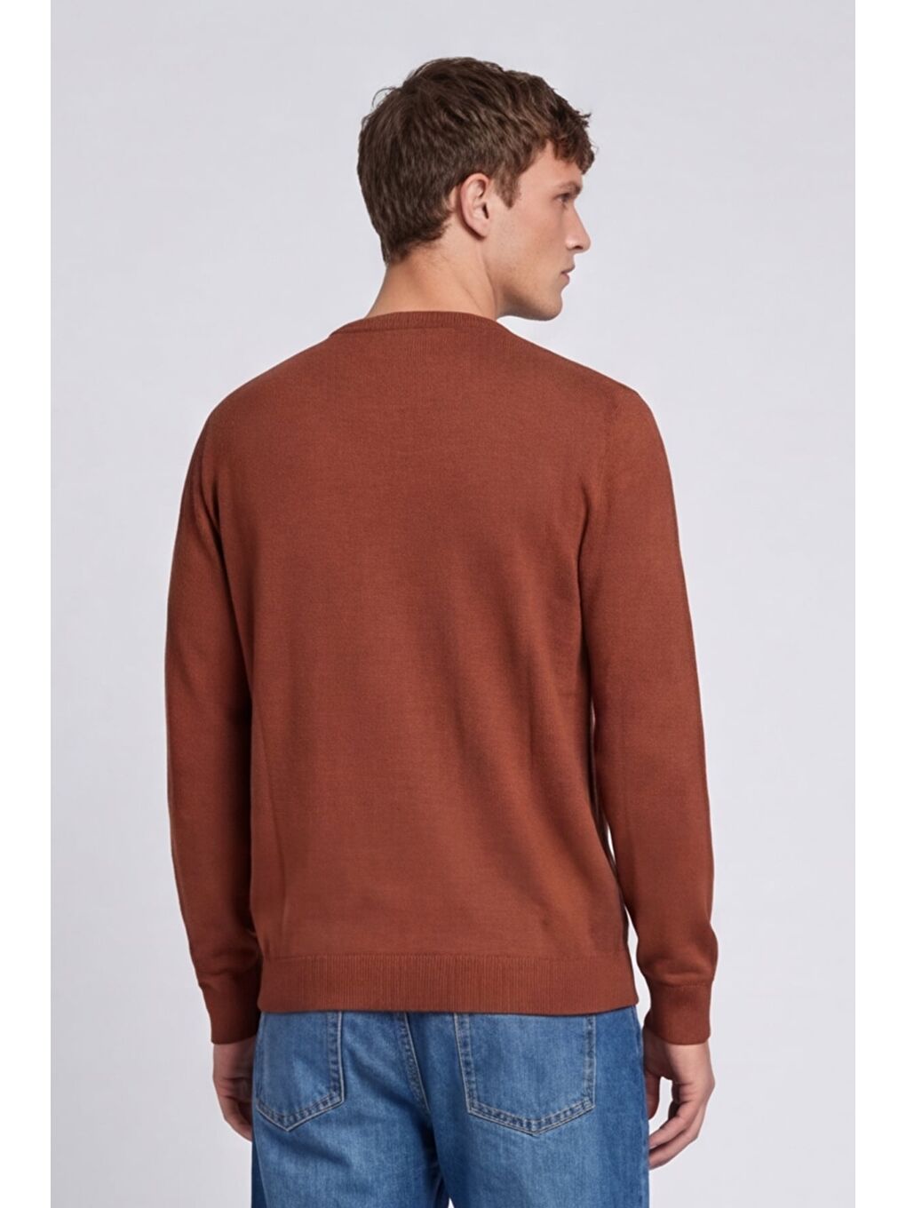 Kahverengi Erkek Kiremit Normal Kesim Regular Fit Yünlü Dokuma Çizgi Desen Bisiklet Yaka Triko Kazak-3