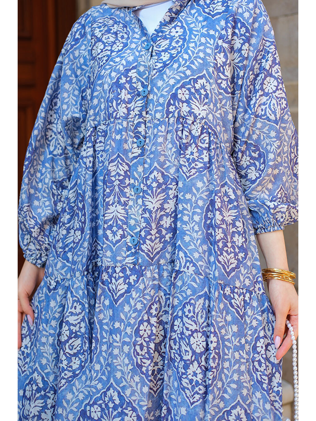 Kadın Buğlem Desenli Elbise Mavi-4