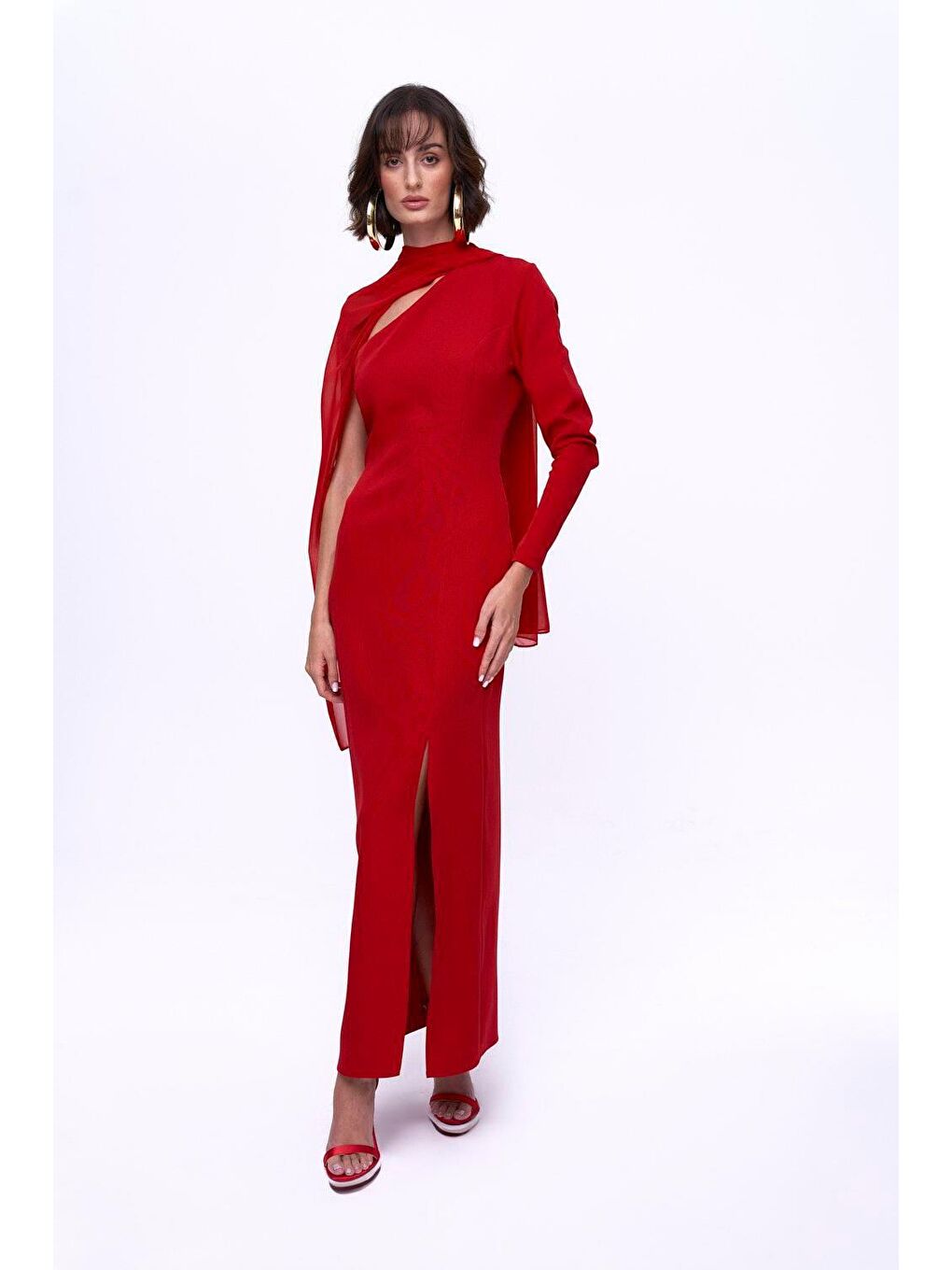 Tek Kol Yırtmaçlı Kırmızı Uzun Elbise-4