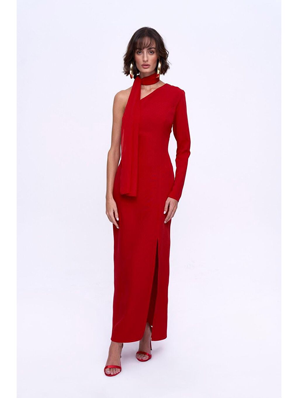 Tek Kol Yırtmaçlı Kırmızı Uzun Elbise-5