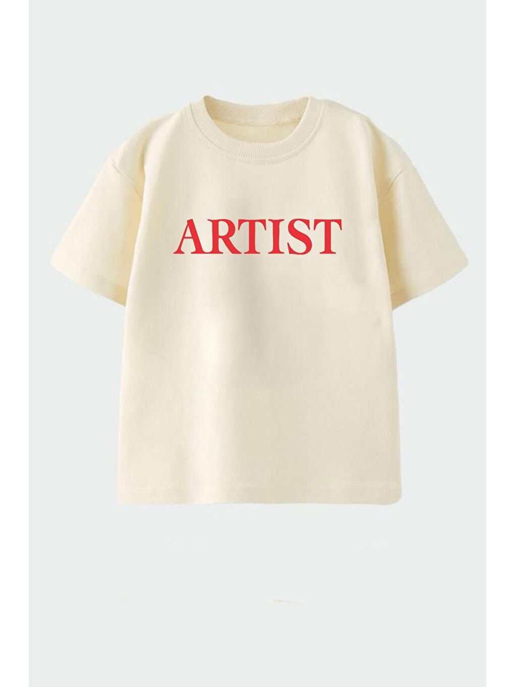 Bej Unisex Çocuk Pamuklu Bisiklet Yaka Baskılı T-Shirt