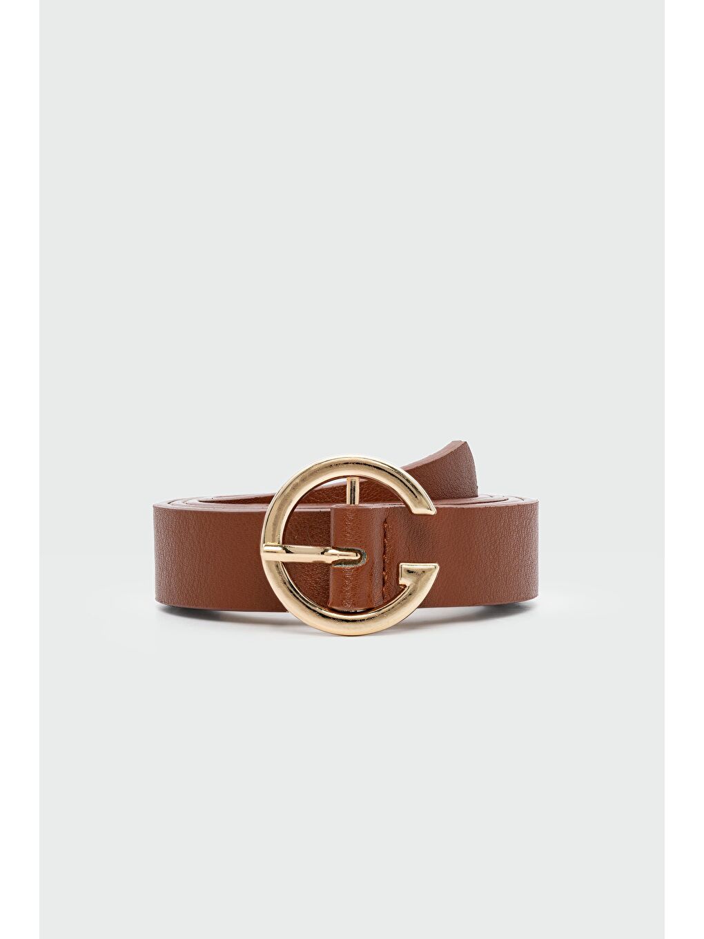 Kahverengi Yuvarlak Tokalı Suni Deri Kemer Kahve