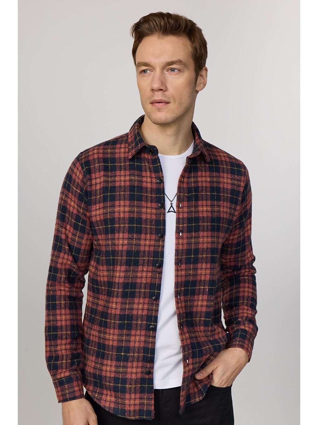 Kahverengi Slim Fit Uzun Kollu Dar Kesim Kareli Kışlık Oduncu Kiremit Erkek Gömlek