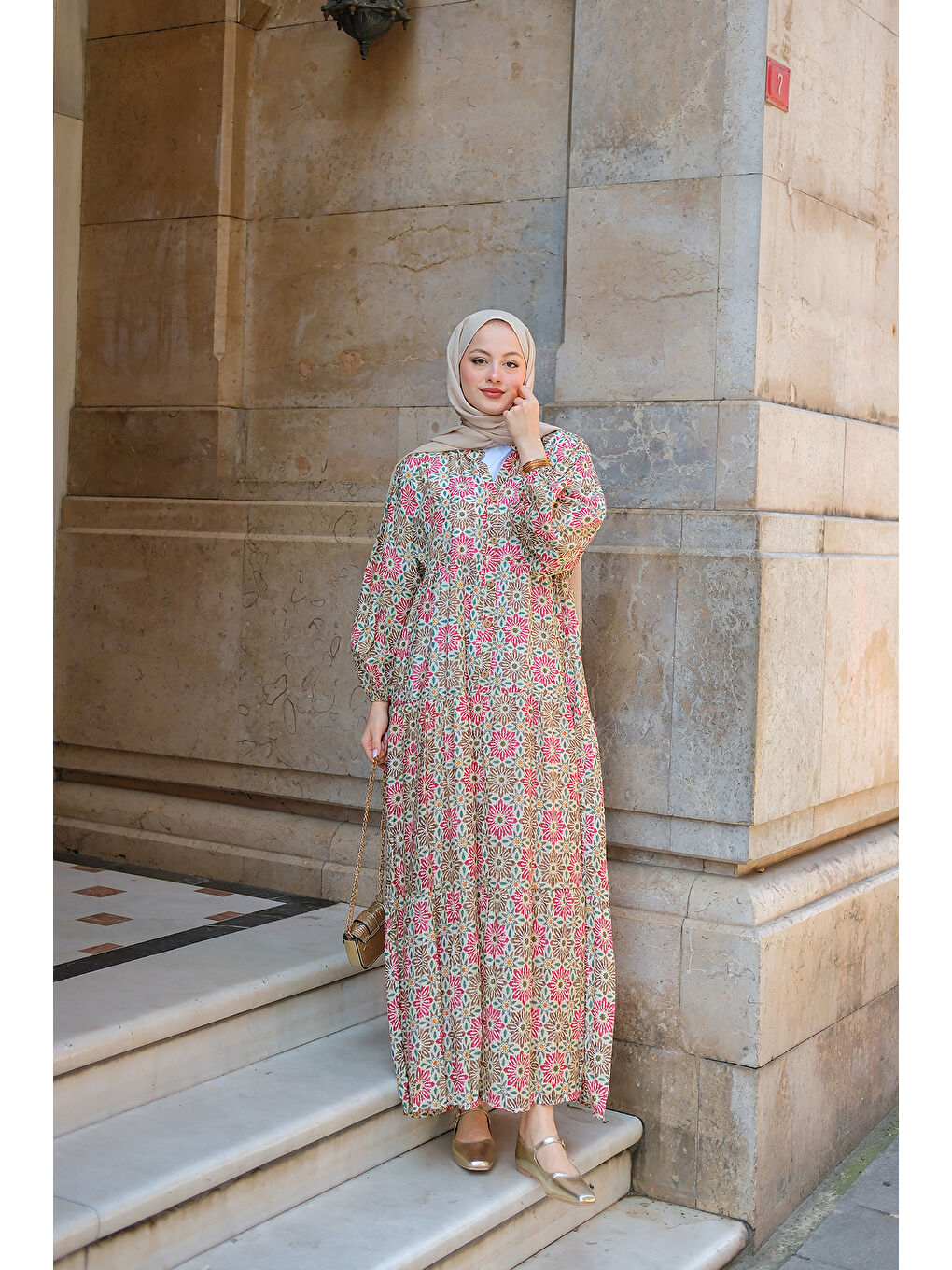 Kadın Stilize Çiçek Desenli Elbise Yeşil-2