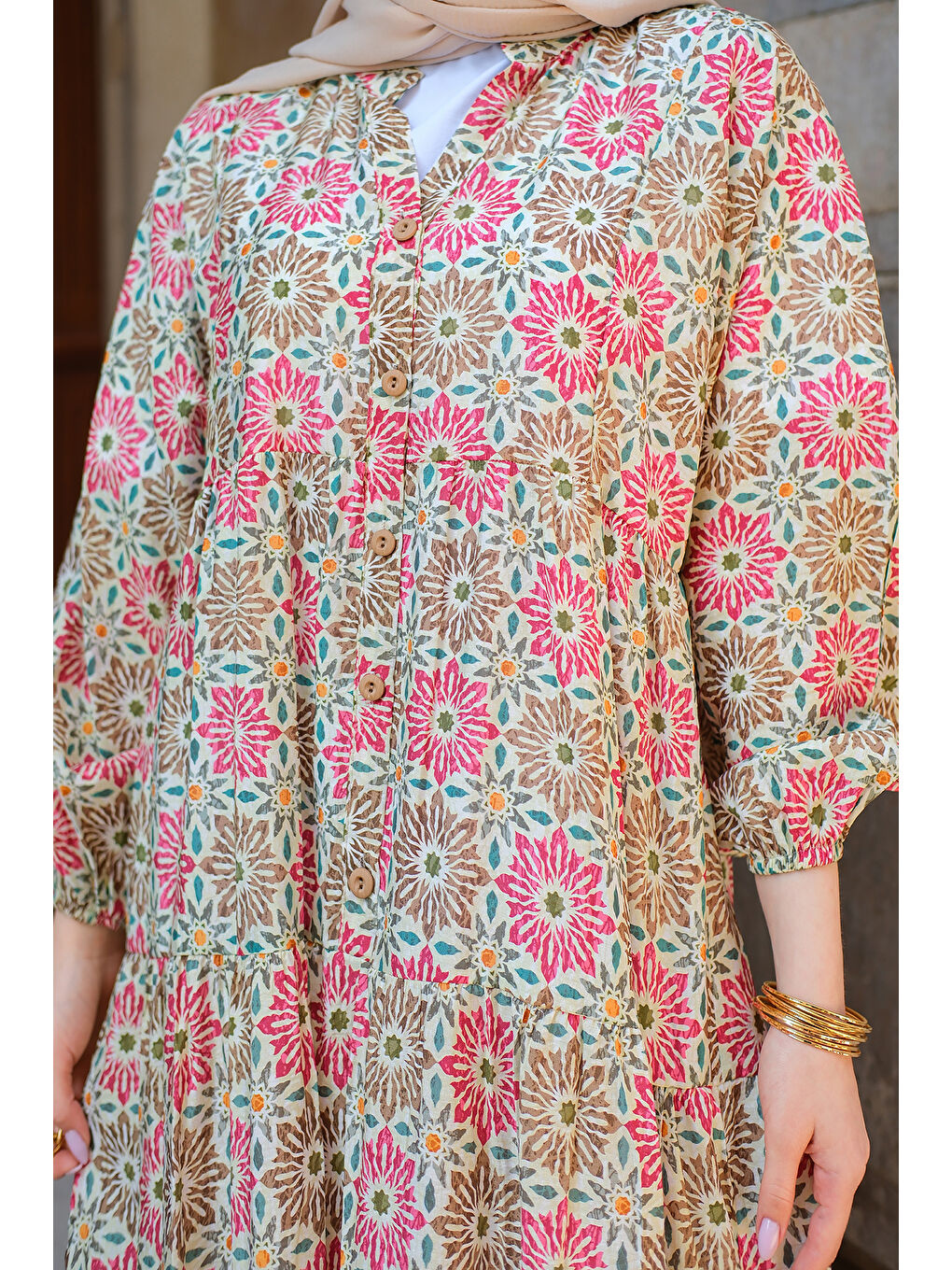 Kadın Stilize Çiçek Desenli Elbise Yeşil-3