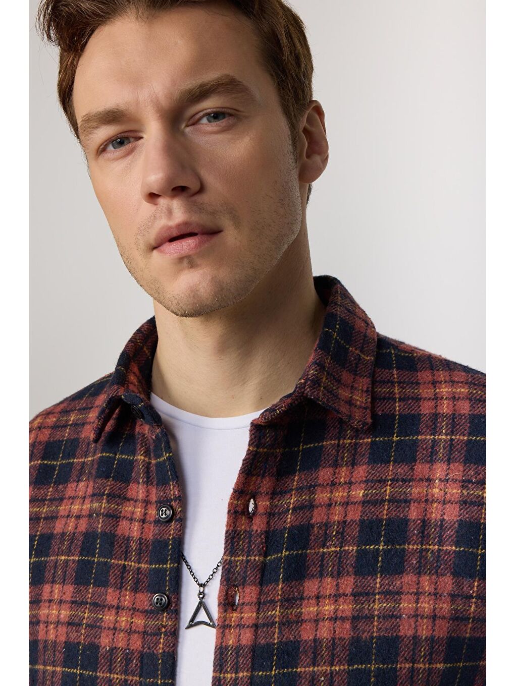 Kahverengi Slim Fit Uzun Kollu Dar Kesim Kareli Kışlık Oduncu Kiremit Erkek Gömlek-1