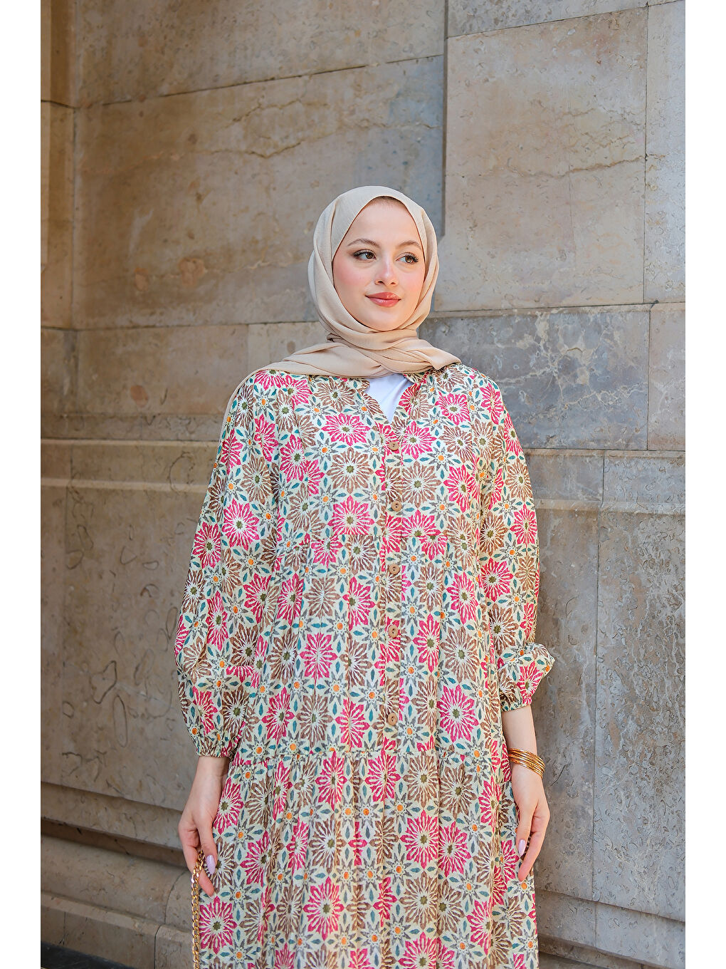 Kadın Stilize Çiçek Desenli Elbise Yeşil-4