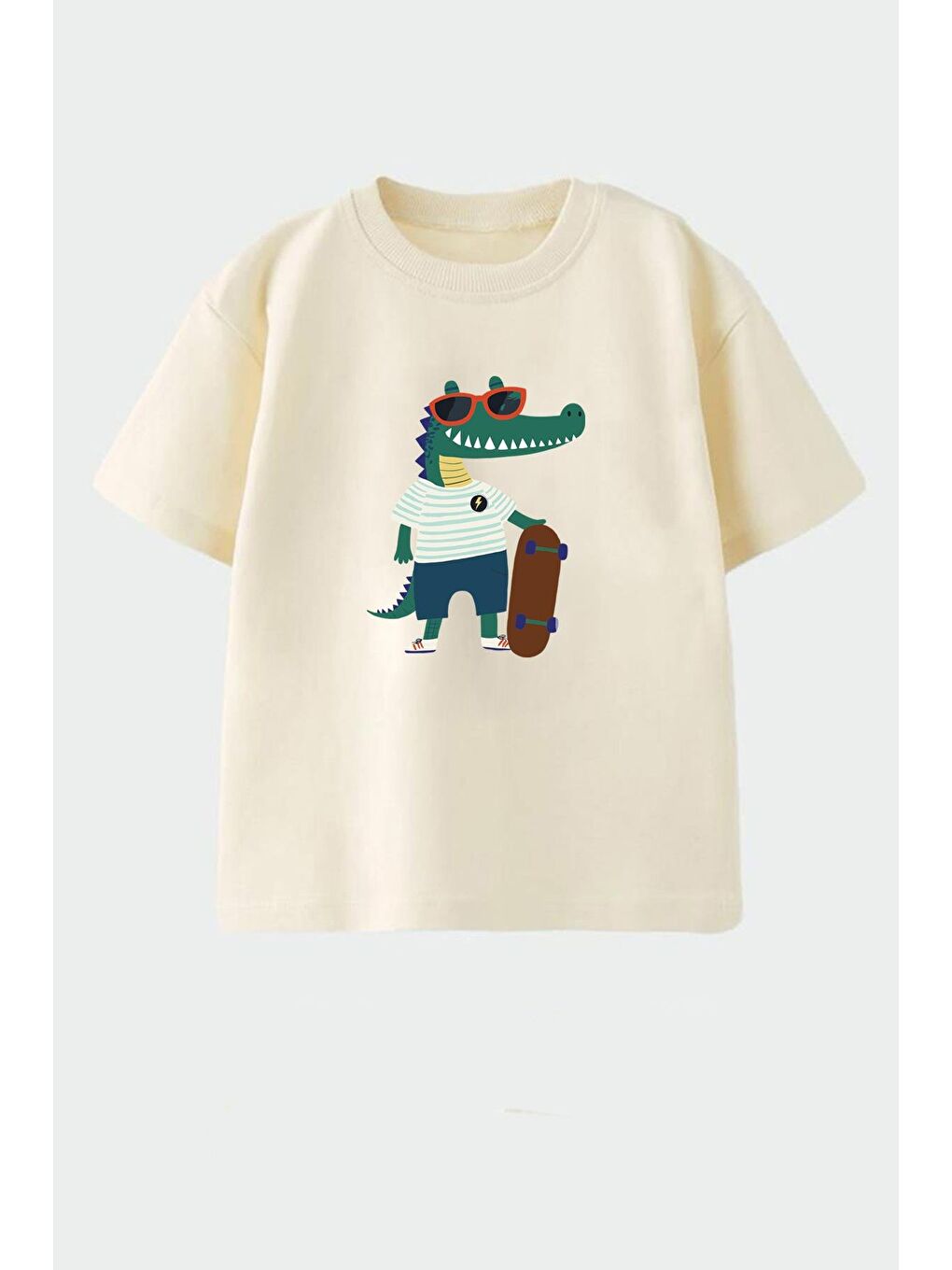 Bej Erkek Çocuk Pamuklu Bisiklet Yaka Baskılı T-Shirt