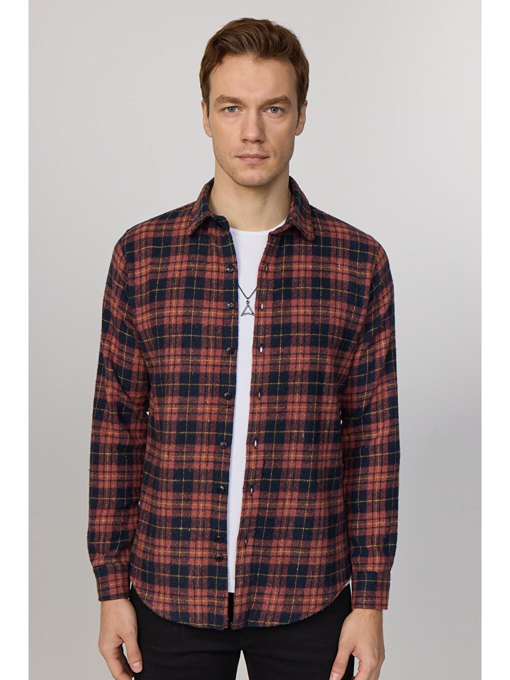 Kahverengi Slim Fit Uzun Kollu Dar Kesim Kareli Kışlık Oduncu Kiremit Erkek Gömlek-2