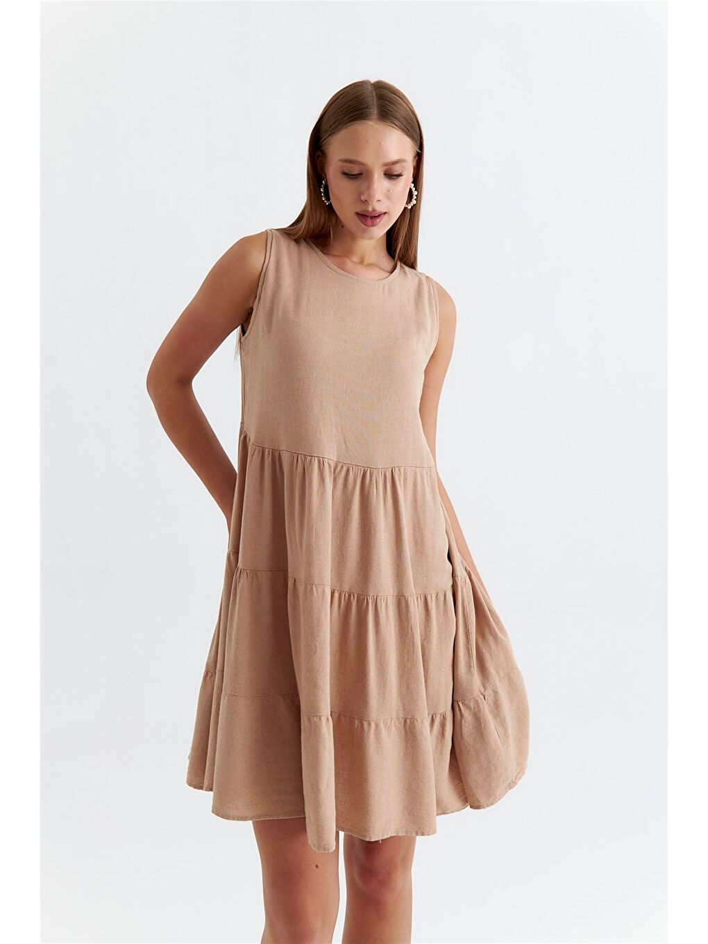 Kahverengi Askılı Katlı Mini Camel Elbise