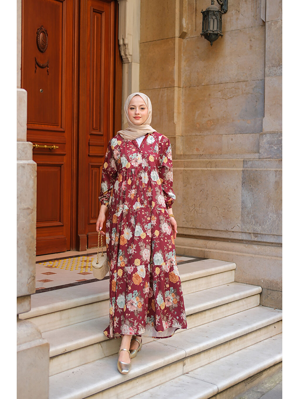 Kadın Rose Desenli Elbise Bordo