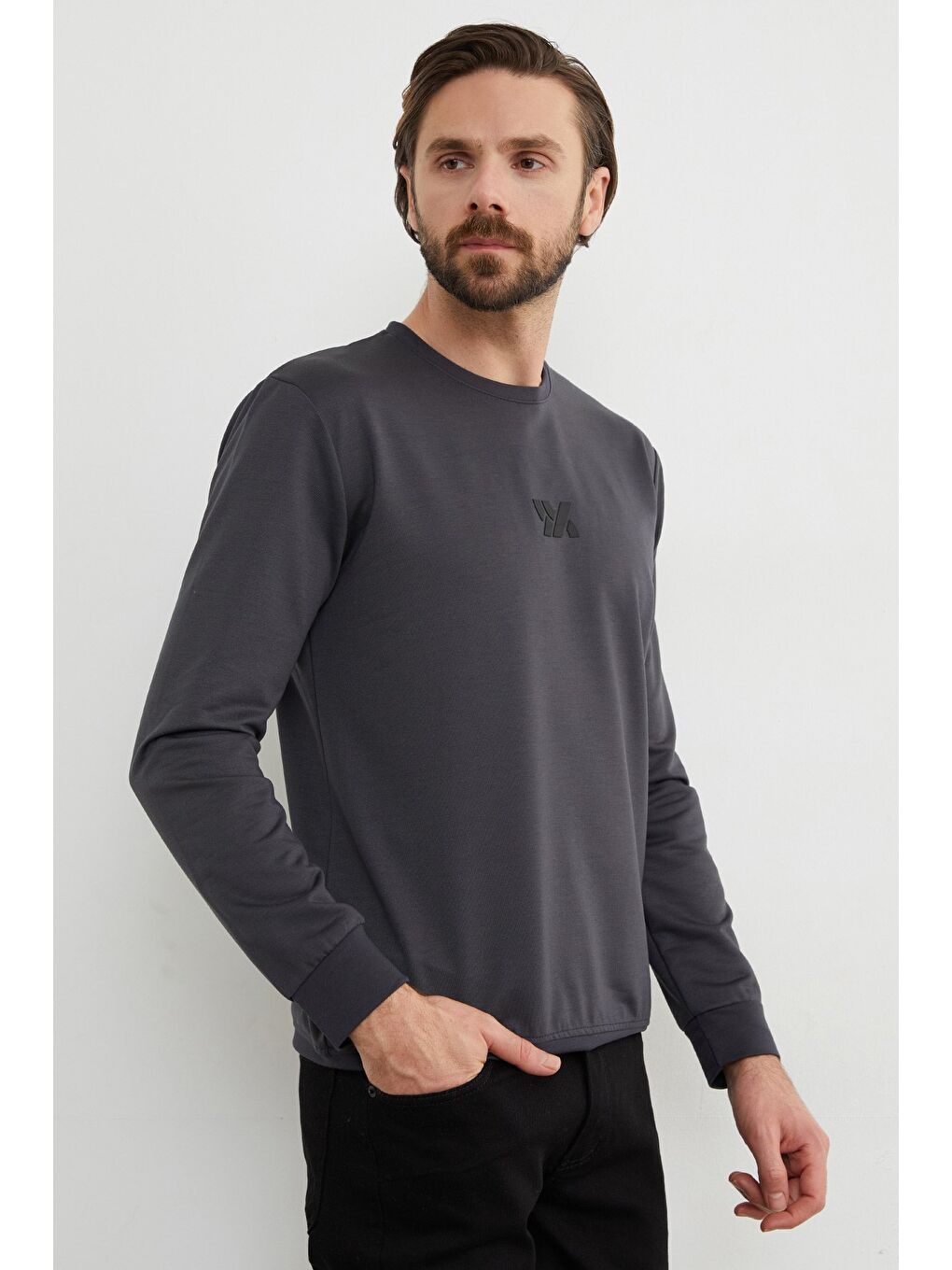 Antrasit Kabartma Baskılı Bisiklet Yaka Sweatshirt-1