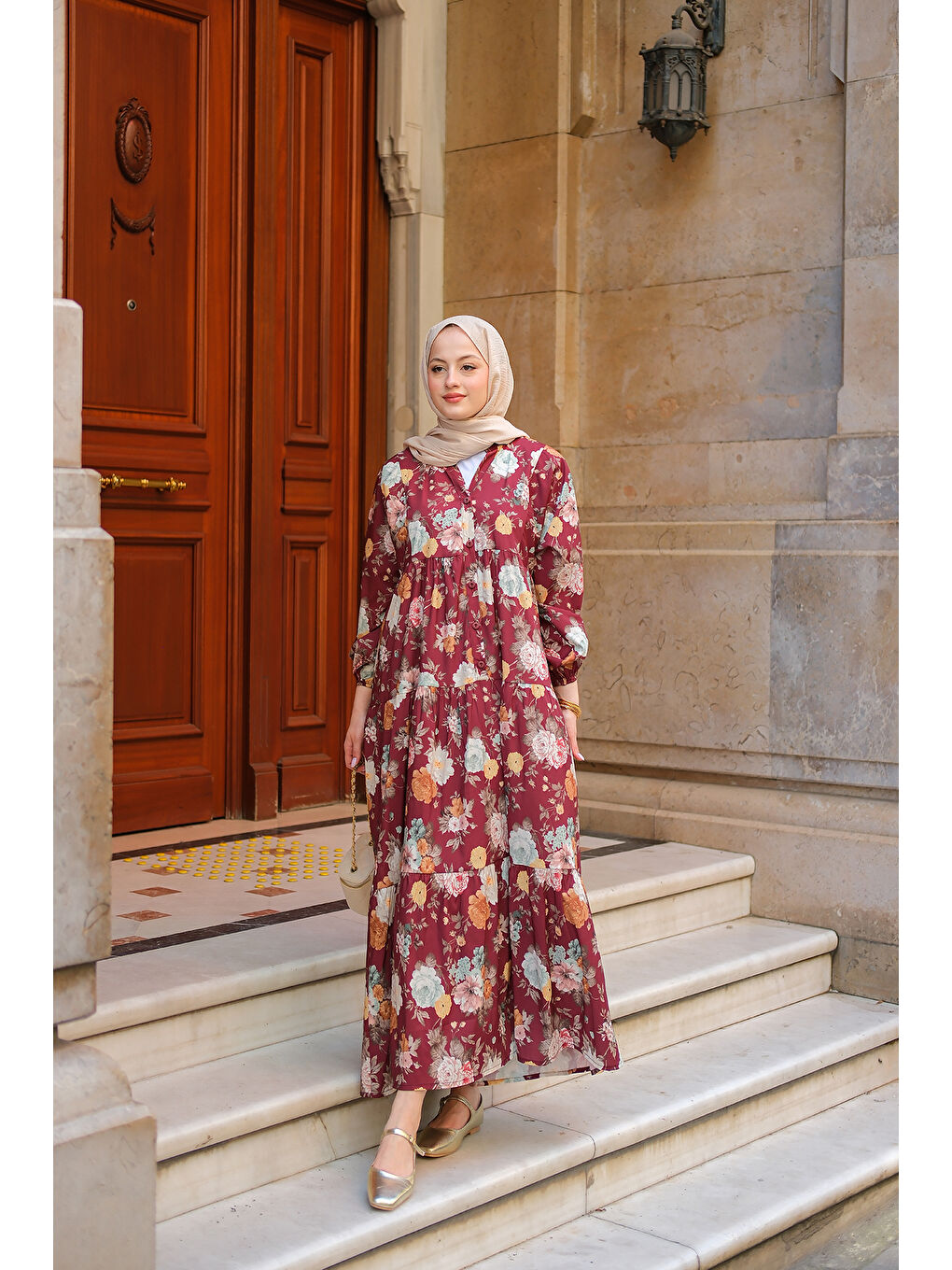 Kadın Rose Desenli Elbise Bordo-1